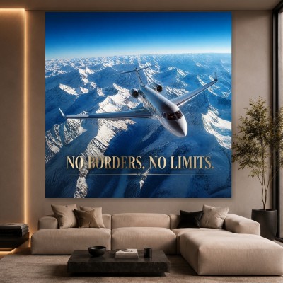 No Borders No Limits – Luxus Wandbild oder Leinwandbild mit Privatjet über Schneegipfeln