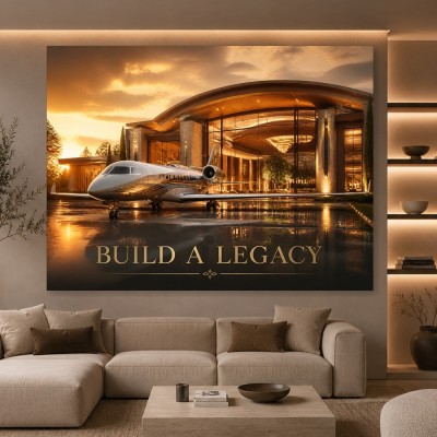 Build a Legacy – Luxus Wandbild oder Leinwand mit Privatjet und moderner Architektur