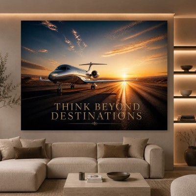 Luxus Wandbild oder Fine Art Print – Privatjet auf der Startbahn bei Sonnenuntergang