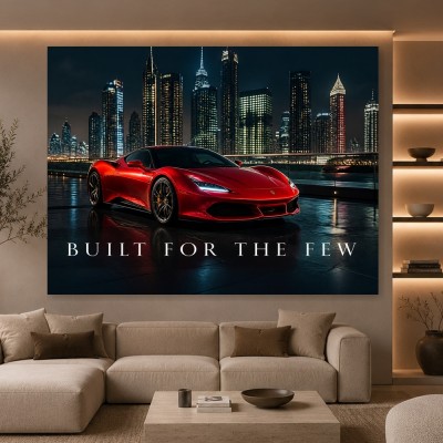 Luxus Wandbild oder Fine Art Print – Roter Supersportwagen vor nächtlicher Skyline