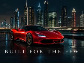 Luxus Wandbild oder Fine Art Print – Roter Supersportwagen vor nächtlicher Skyline