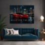 Luxus Wandbild oder Fine Art Print – Roter Supersportwagen vor nächtlicher Skyline