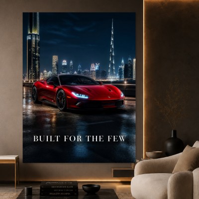 Roter Supersportwagen vor Dubai Skyline – Modernes Wandbild oder Fine Art Print