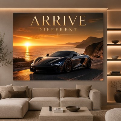 Arrive Different – Luxus Wandbild oder Fine Art Print mit Sportwagen an der Küste