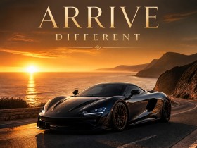 Arrive Different – Luxus Wandbild oder Fine Art Print mit Sportwagen an der Küste