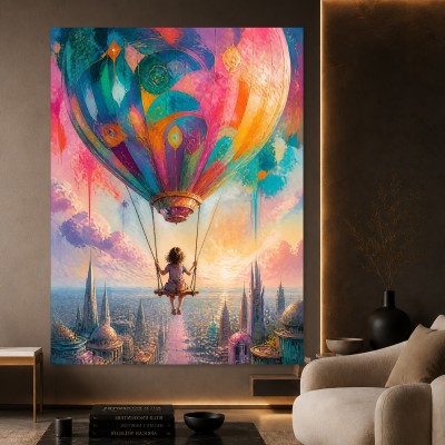 Traumfahrt über der Fantasiestadt – Leinwandbild & Acrylglasbild