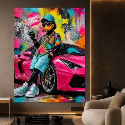 Pop Art Wandbild oder Canvas Print – Urbaner Luxus Duck mit pinkem Sportwagen