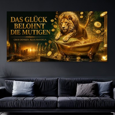 Das Glück belohnt die Mutigen – Luxus Wandbild oder Fine Art Print mit Löwe und Gold