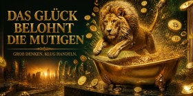 Das Glück belohnt die Mutigen – Luxus Wandbild oder Fine Art Print mit Löwe und Gold