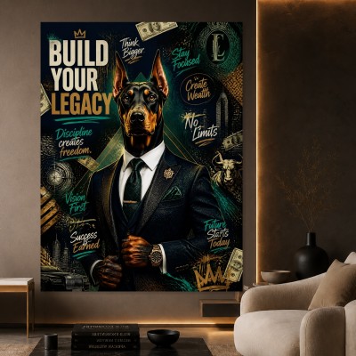 Build Your Legacy – Modernes Wandbild oder Fine Art Print mit Dobermann im Business-Look
