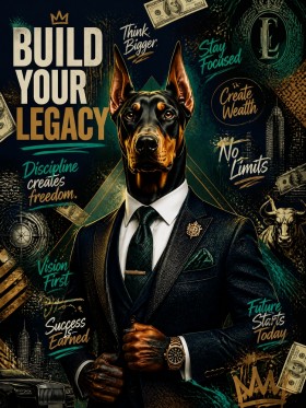 Build Your Legacy – Modernes Wandbild oder Fine Art Print mit Dobermann im Business-Look