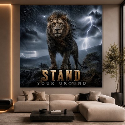 Stand Your Ground Löwe im Sturm – Modernes Wandbild oder Leinwandbild