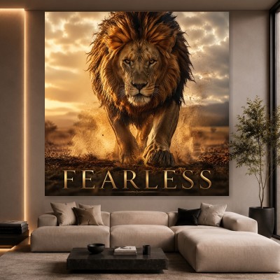 Fearless Löwe – Modernes Wandbild oder Leinwandbild in Goldbraun