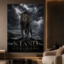 Stand Your Ground Löwe – Modernes Wandbild oder Leinwandbild mit Gewitterdrama