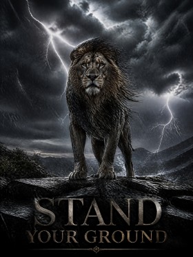 Stand Your Ground Löwe – Modernes Wandbild oder Leinwandbild mit Gewitterdrama