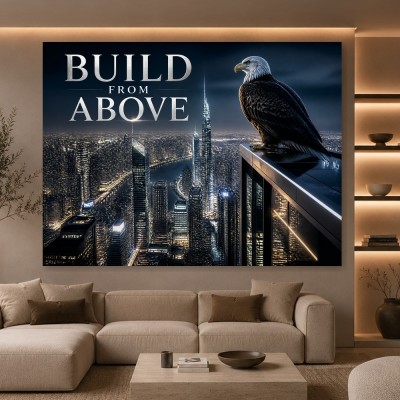 Build From Above – Modernes Wandbild oder Leinwandbild mit Adler über der Skyline