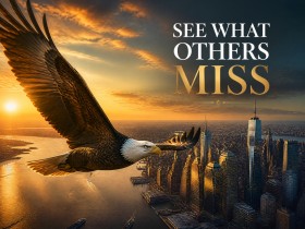Adler über der Skyline – Modernes Wandbild oder Fine Art Print mit Sonnenuntergang