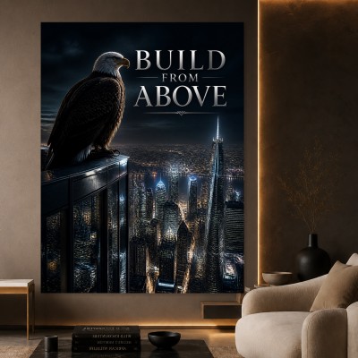 Modernes Wandbild „Build From Above“ – Fine Art Print mit Adler über nächtlicher Skyline