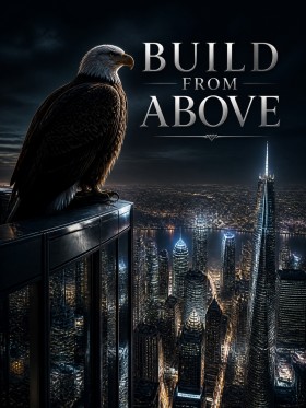 Modernes Wandbild „Build From Above“ – Fine Art Print mit Adler über nächtlicher Skyline