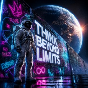 Think Beyond Limits – Modernes Wandbild oder Canvas Print mit Astronaut und Neon-Graffiti