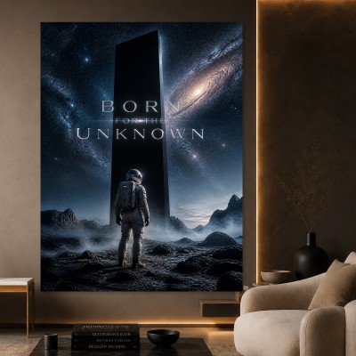 Born for the Unknown – Modernes Wandbild oder Fine Art Print mit Astronaut und Monolith