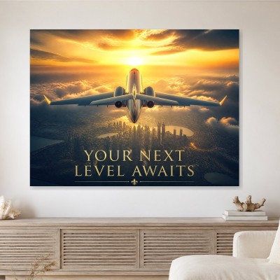 Luxus Wandbild oder Fine Art Print mit Flugzeug über glühender Skyline