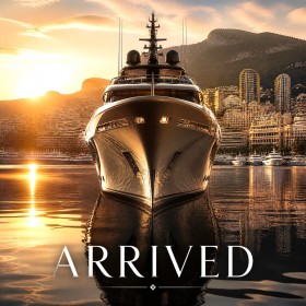 Luxuriöse Yacht bei Sonnenuntergang, Poster oder Fine Art Print