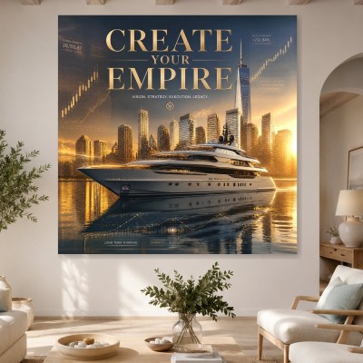Luxusyacht vor Skyline, Wandbild oder Fine Art Print im Goldton