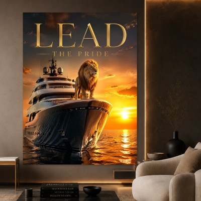 Löwe auf Yacht im Sonnenuntergang, luxuriöses Wandbild oder Acrylbild
