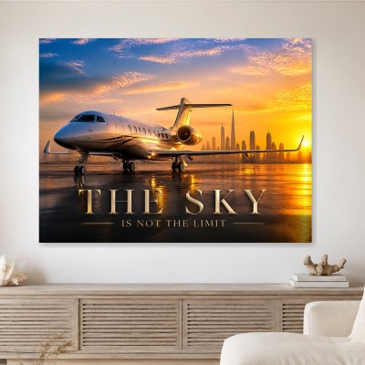 Luxus Wandbild oder Acrylbild mit Jet vor Skyline bei Sonnenuntergang