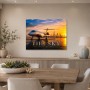 Luxus Wandbild oder Acrylbild mit Jet vor Skyline bei Sonnenuntergang
