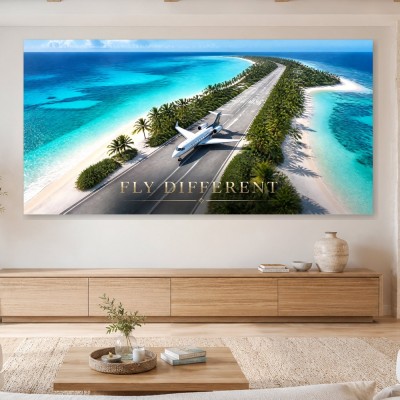 Karibische Inselpiste mit Jet als Leinwand oder Acrylbild
