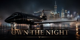 Luxus Wandbild oder Fine Art Print mit Privatjet in nächtlicher Skyline