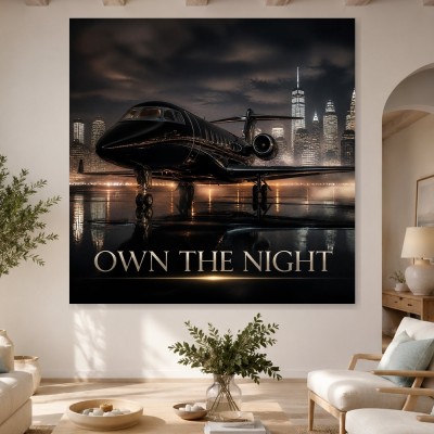 Elegantes Nachtmotiv mit Jet als Acrylbild und Luxus Wandbild