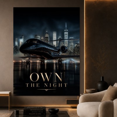 Luxuriöses Wandbild und Fine Art Print mit Nachtflug über der Skyline