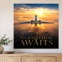 Jet über der Stadt, Acrylbild oder Leinwand mit Sonnenaufgang