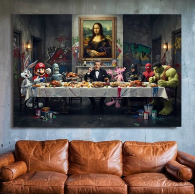 Popkulturelle Dinner-Szene mit klassischem Porträt und Graffiti