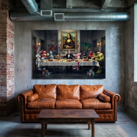Popkulturelle Dinner-Szene mit klassischem Porträt und Graffiti Popkulturelle Dinner-Szene mit klassischem Porträt und Graffiti