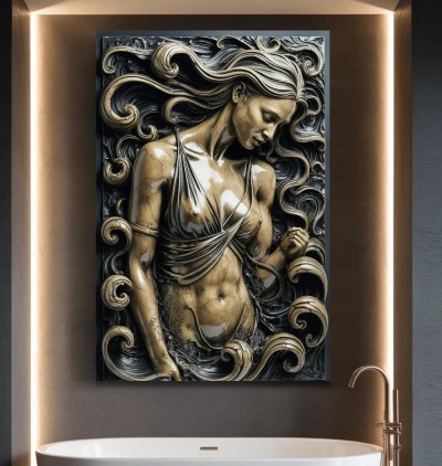 Elegantes Leinwandbild mit goldener Frauenfigur und geschwungenen Formen