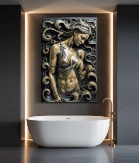 Elegantes Leinwandbild mit goldener Frauenfigur und geschwungenen Formen Elegantes Leinwandbild mit goldener Frauenfigur und geschwungenen Formen