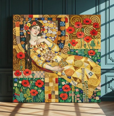 Leinwandbild mit floraler Frauenfigur in goldener Ornamentik