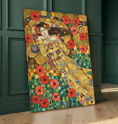 Leinwandbild mit floralem Frauenmotiv in Gold und Rot