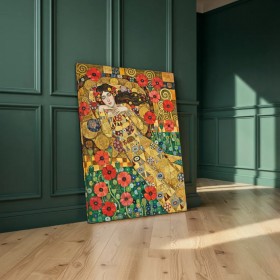 Leinwandbild mit floralem Frauenmotiv in Gold und Rot Leinwandbild mit floralem Frauenmotiv in Gold und Rot