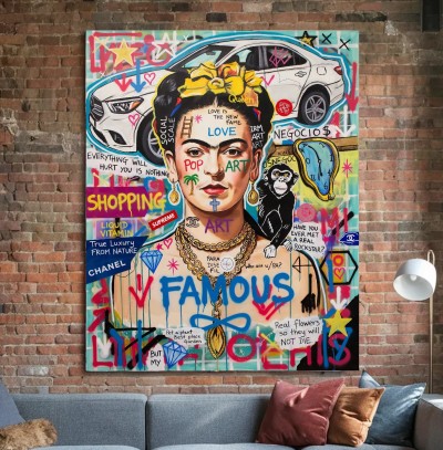 Pop Art Leinwandbild mit Porträt, Schriftzügen und urbanen Symbolen