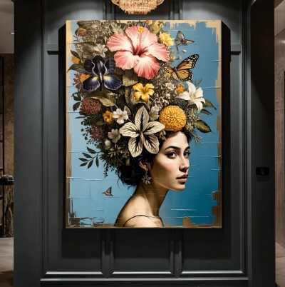Leinwandbild Frau mit Blumenkrone und Schmetterlingen