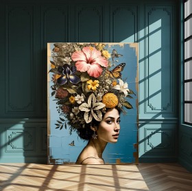 Leinwandbild Frau mit Blumenkrone und Schmetterlingen Leinwandbild Frau mit Blumenkrone und Schmetterlingen