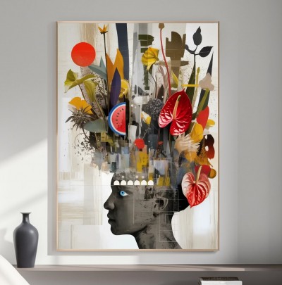Abstraktes Leinwandbild mit floralen Formen und surrealem Porträt