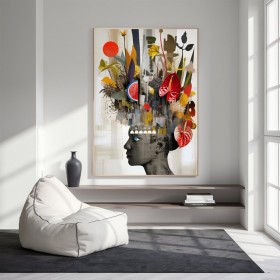 Abstraktes Leinwandbild mit floralen Formen und surrealem Porträt Abstraktes Leinwandbild mit floralen Formen und surrealem Porträt