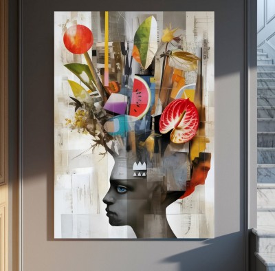 Abstraktes Leinwandbild mit farbigen Blüten und Profil