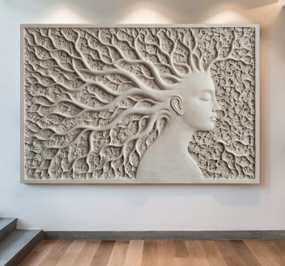Relief-Wandbild mit meditativem Profil und fließenden Linien